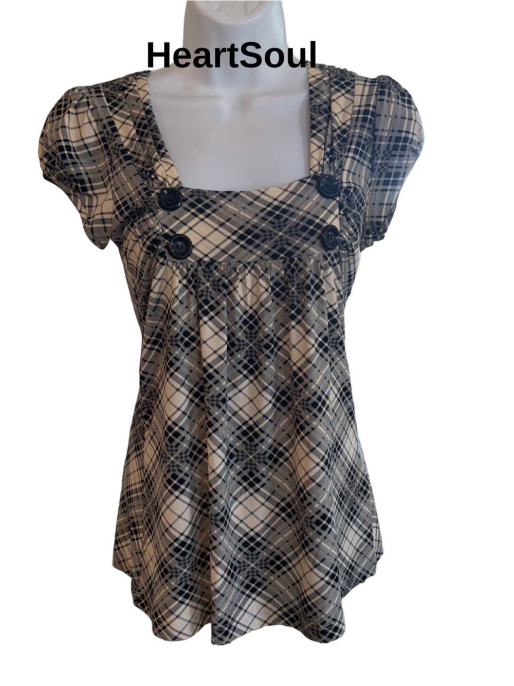 HeartSoul Women's Small Beige Black Plaid Square Neck Jumper pinafore Blouse